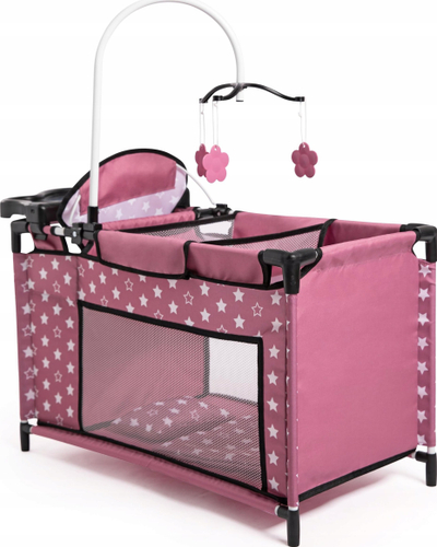 Set për kujdes kukullash Bayer Design Doll Travel Multi-Bed, deri 46 cm, me karrige për ngrënë dhe karusel, rozë me yje të bardhë