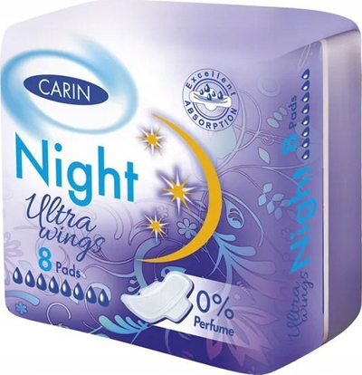 Peceta higjienike Carin Ultra Wings Night, me krahë, pa aromë, 8 copë