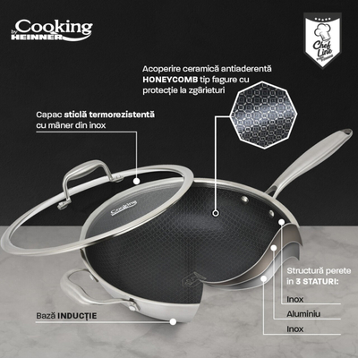 Tigan Wok Heinner Cooking, 4.5L, 30 cm, çelik inox, argjendtë