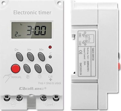 Programues kohe elektronik Qoltec PC0629, montim në shinë DIN, ekran LCD, i bardhë