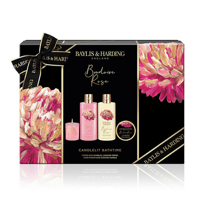 Set Baylis & Harding Secret Rose - krem dushi 300 ml + shkumë banje 300 ml + krem duarsh 50 ml + qiri me aromë trëndafili 60 g