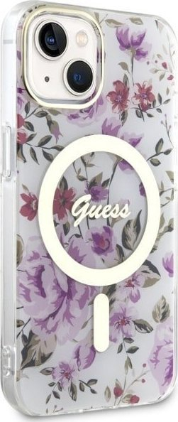 Maskë telefoni Guess Flower MagSafe për iPhone 14, transparente, me lule
