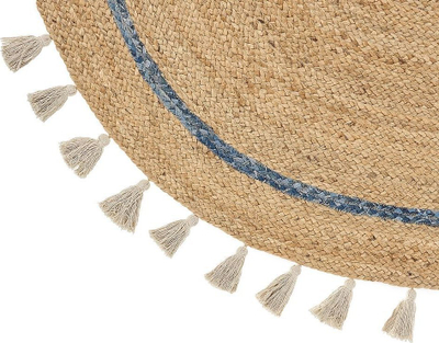 Tapet rrumbullak prej jute Boho, 140 cm, i end me dorë, bezhë me blu