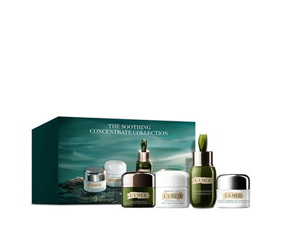 Set për kujdes të lëkurës La Mer The Soothing Concentrate Collection, Serum për lëkurë 15 ml + Krem hidratues për rinovimin e lëkurës 15 ml + Krem dite per qafë dhe dekolte kundër plakjes 15 ml + Krem për sytë me çaj lime 15 ml