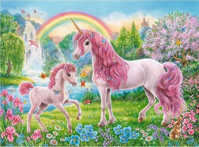 Set mozaik me diamant “Unicorns in the Garden”, tablo për zbukurim, me njëbrirësh, shumëngjyrësh