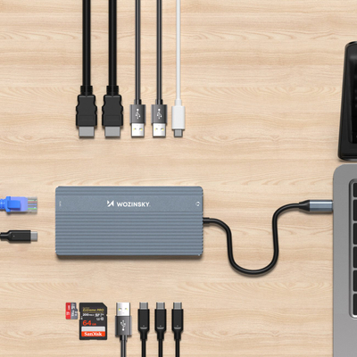 HUB USB C Wozinsky WDS03Y5S, 14 me 1, 3 ekrane 4K, 15 cm, gri