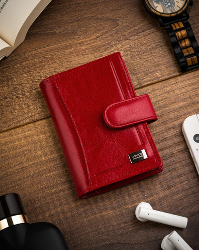 Portofol kartash Rovicky RFID, lëkurë natyrale, me kapëse, i kuq