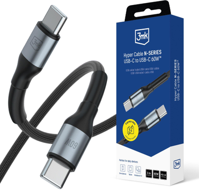 Kabllo USB C në C 3MK Hyper Cable N-SERIES, 3m, 60W PD QC, e zezë