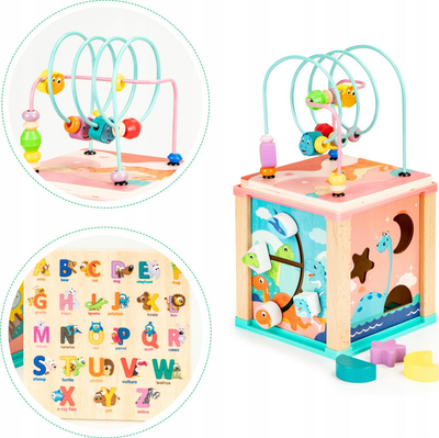 Дрвена едукативна коцка ECOTOYS “Мула Сортер Дино”, мултифункционална, шарена