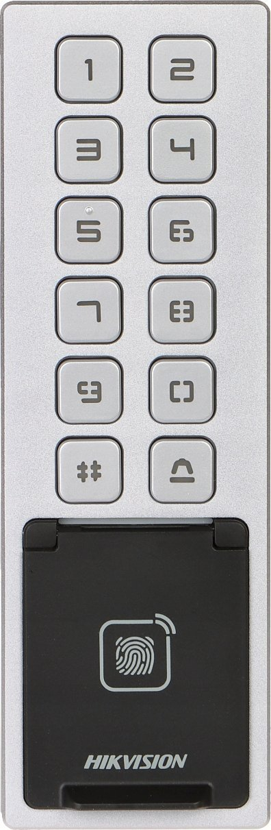 Безбеден код за пристап Hikvision DS-K1T805MBFWX, читач на отпечатоци од прсти, IP65, сиво металик