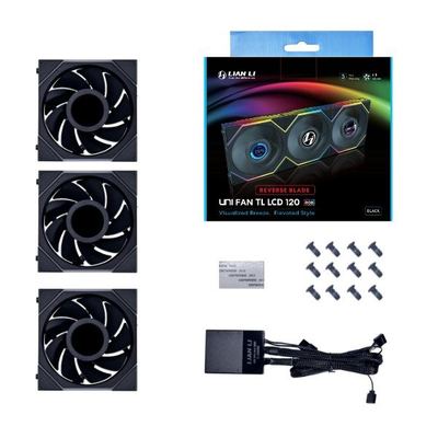 Ventilator PC Lian Li UNI FAN TL LCD 120mm Reverse, set 3 copë, RGB, i zi