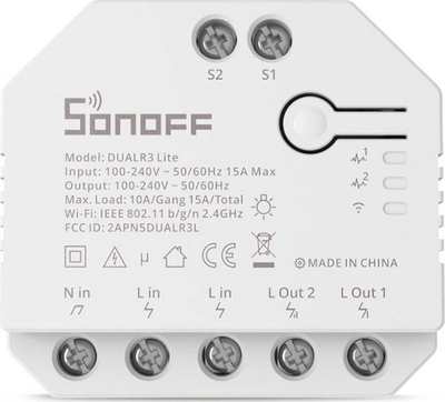 Çelës inteligjent Sonoff Dual R3 Lite, 2 kanale, Wi‑Fi, i bardhë