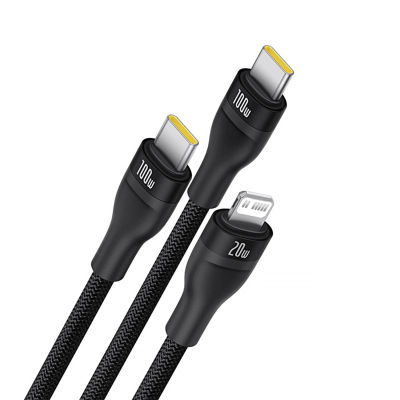 Kabllo karikimi Baseus Flash3 3 në 1, USB‑C në C C Lightning, 100W 1.5m, e zezë