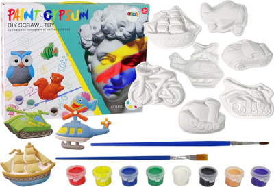 Set kreativ pikturimi Paint Gypsum Vehicles, figura gipsi me mjete transporti, bojëra edhe furça, shumëngjyrësh