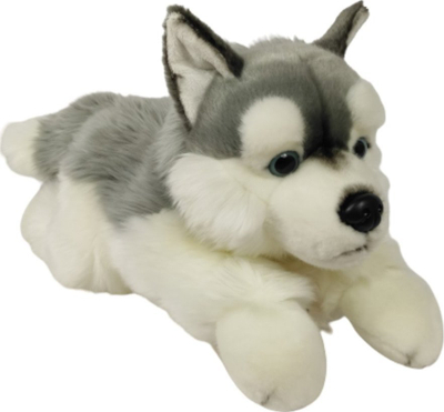 Lodër pelushi Dubi Dog Husky, qen i shtrirë, 61 cm, gri e bardhë