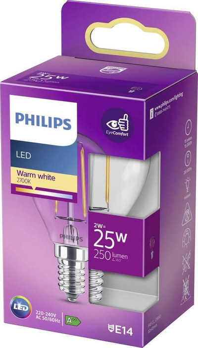 Llambë LED Philips Classic, E14, 2W 250lm 2700K, e bardhë e ngrohtë