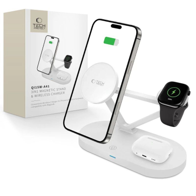 Karikues wireless 3‑në‑1 Tech‑Protect QI15W‑A41, MagSafe, 15W, i bardhë