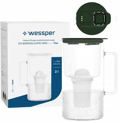 Kanna filtruese Wessper D4 Borosilicate Mini Futureflow, 2L, qelq borosilikat, kapak i gjelbër