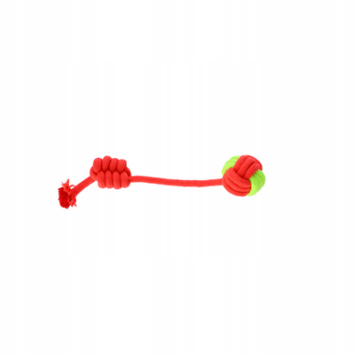 Lodër për qen Dingo Ball me dorezë të gërshetume, litar pambuku 34 cm, për tërheqje edhe hedhje, e kuqe me jeshile