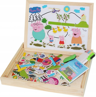 Dërrasë vizatimi Peppa Pig prej druri, me magnet, dërrasë e zezë 2 në 1, me 100 copa magnetike, shumëngjyrëshe