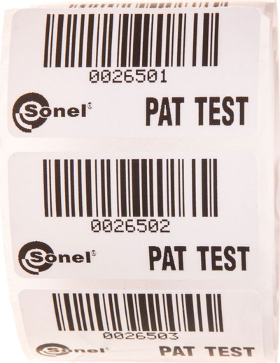Etiketa Sonel PAT TEST, me barkod, ngjyrë e bardhë