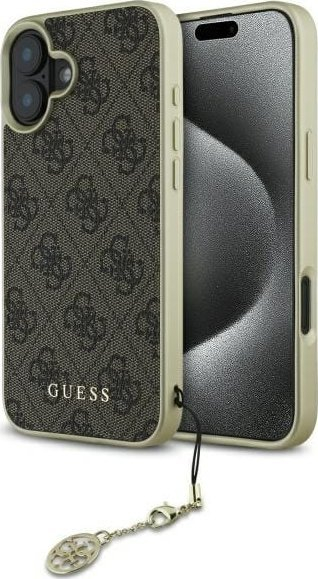 Mbulesë telefoni Guess 4G Charms, për iPhone 16 Plus 6.7", lëkurë ekologjike, kafe