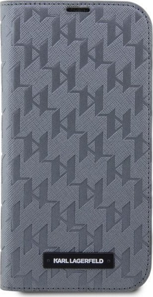 Këllëf telefoni Karl Lagerfeld KLBKP14SSAKLHPG për iPhone 14, tip libër, Saffiano Monogram, argjendtë
