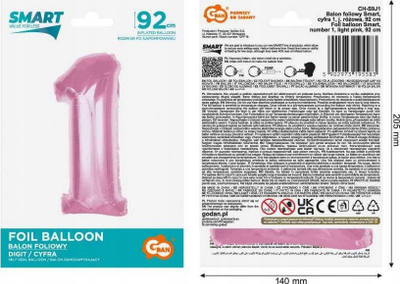 Balon me folie numër 1 rozë e çelët, 92 cm