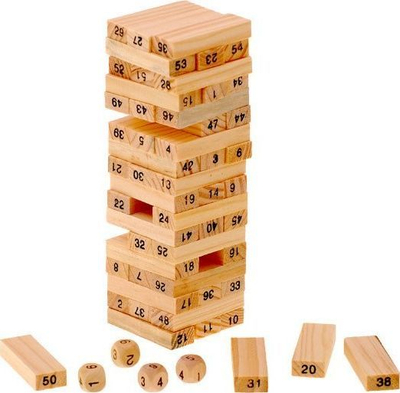 Lojë druri Jenga Wiss Toy GR0090, 54 kube, me zare druri, ngjyrë druri natyrale