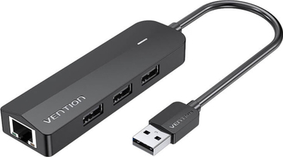 USB hub me adapter Ethernet Vention, 3 porta USB 2.0, 100Mbps, 0.15m, i zi