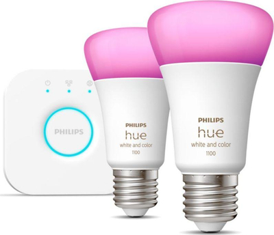 Poça elektrikë x2 + urë lidhëse Philips Hue, E27 RGBW, 9W 