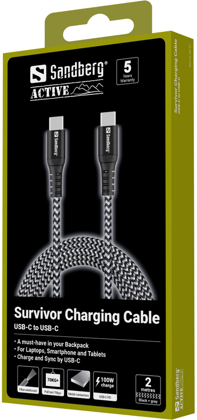 Kабел USB-C Sandberg Survivor, 2 m, 100W, црн