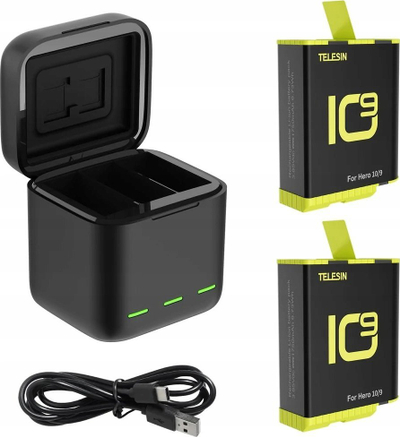 Ngarkues trefazor Telesin për GoPro Hero 9 Hero 10, 3 kanale, me 2 bateri, i zi