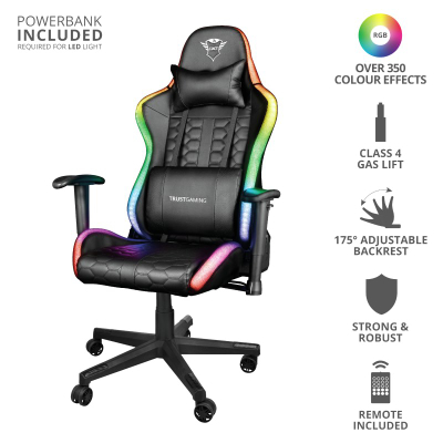 Karrige lojërash Trust GXT 716 Rizza, me ndriçim RGB, deri 150kg, e zezë