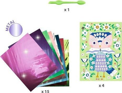 Set kreativ me fletë metalike Djeco Pretty Wood, 4 tablo, për fëmijë 6 10 vjeç, shumëngjyrësh