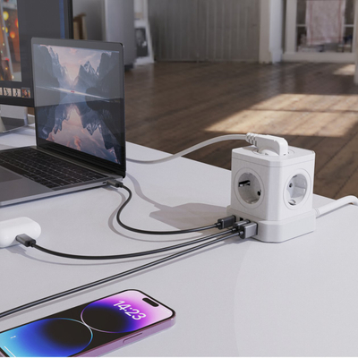 Shpërndarës energjie Newell GaN Power Cube 9‑në‑1, 5x AC, USB A dhe USB C, 1.5m, i bardhë
