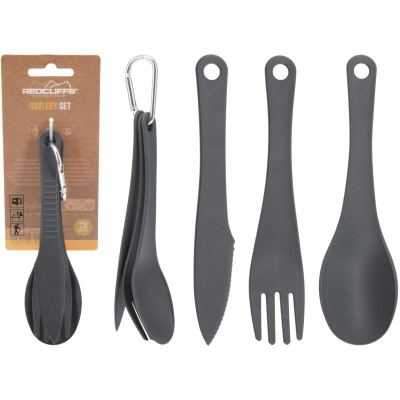 Set takëmesh kampingu RedCliffs Cutlery Set, 3 copë, me karabinë, gri e errët