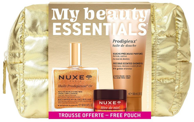 Set dhurate Nuxe Glow Essentials, për kujdes fytyre e trupi, me çantë ari