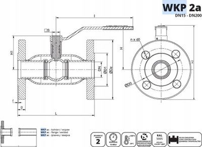 Rubinet sferik uji WKP 2a, 1.6–4.0 MPa, me flange, blu