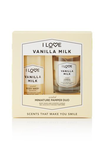 Set për kujdesin e trupit I love Vanilla Milk, xhel dushi 100 ml & Qiri aromatik 200 g