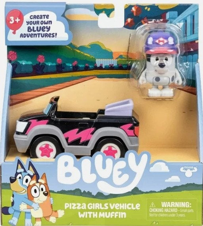 Set lodër Bluey Pizza Girls Vehicle with Muffin, figurë 6 cm, për moshat 3+