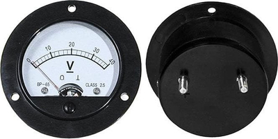 Voltmetër paneli DC i rrumbullakët 0-40V, model 1082, i zi