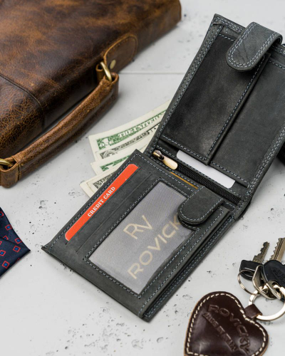 Паричник за мажи Always Wild Leather Collection, нубук кожа, RFID Protect, темно сив