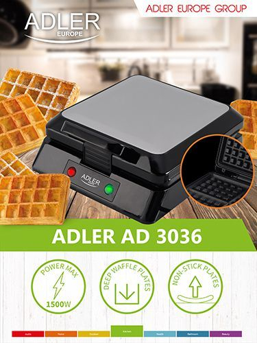 Pajisje për waffle Adler AD 3036, 1500 W, e zezë/argjendtë