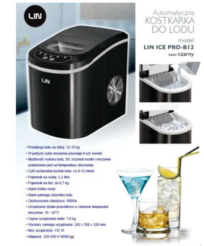 Prodhues akulli portativ LIN ICE PRO B12, panel digjital, kapak transparent, i zi