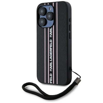 Kapak telefoni Karl Lagerfeld Saffiano Athleisure, për iPhone 15 Pro Max, me rrip dore, i zi