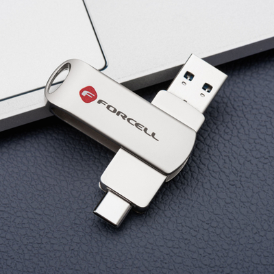 USB flash Forcell F-Data Metal Duo, 64GB, USB 3.2 Gen1, USB A dhe USB C, argjendtë