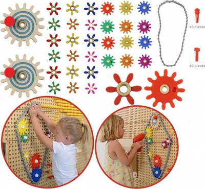 Set lodër edukative Masterkidz Wall Panels Gears and Chain, 79 pjesë, STEM, shumëngjyrësh