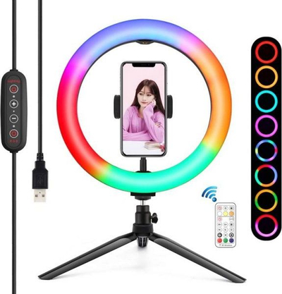 Dritë unazë Puluz RGBW LED P, 26 cm, me tripod, shumëngjyrëshe