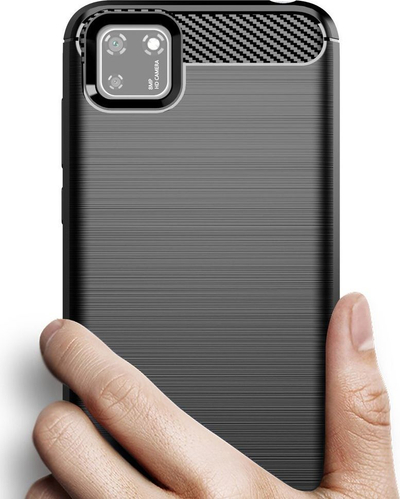Mbrojtëse telefoni Huawei Y5P Rugged Carbon, gome TPU fleksibel, efekt metalik, e zezë